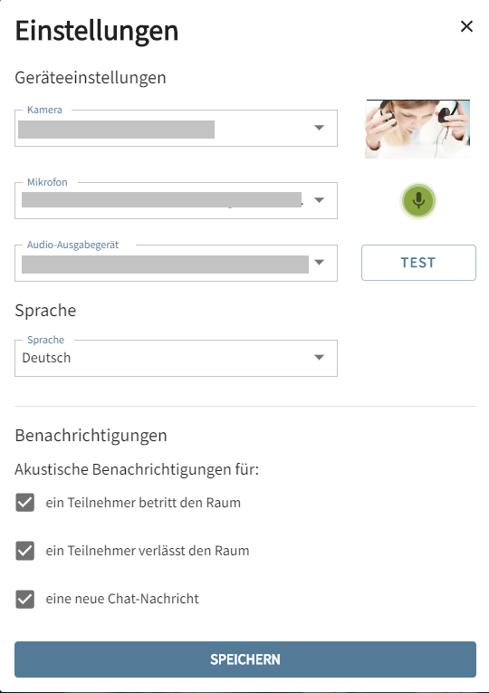 Beispiel Einstellungen bei ProCall Meetings - Geräte und Benachrichtigungen