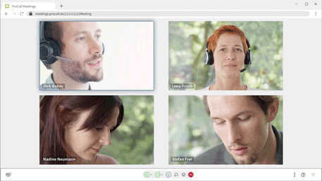 Beispiel ProCall Meetings - Videokonferenz mit vier Teilnehmern - Sprecher aktiv