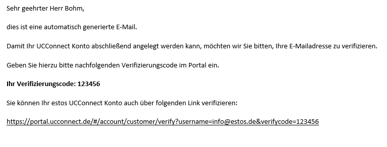 Das Bild zeigt eine E-Mail zur Bestätigung der Kontoerstellung bei UCConnect - Verifzierungscode und der Link zum UCConnect Portal