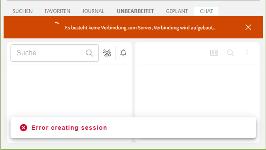 estos Beispiel Screenshot ProCall App für Web - Fehlermeldung Error creating session - Es besteht keine Verbindung zum Server 