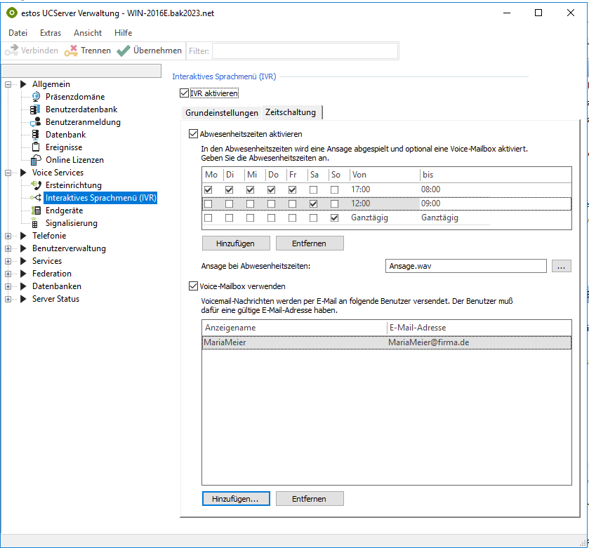 Beispiel Screenshot - UCServer Administration - Voice Services - Interaktives Sprachmenü - IVR einrichten - Zeitschaltung