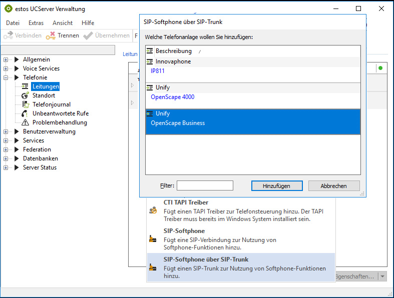 Example screenshot - UCServer administration - Telephony - Lines - Add telephone system - SIP softphone via SIP trunk