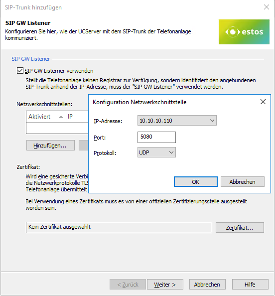 Example UCServer Administration - Telephony - Lines - Add telephone system - SIP softphone via SIP trunk - SIP GW Listener