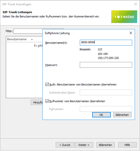 Example screenshot - UCServer administration ProCall Enterprise - Add SIP trunk - Softphone registration - User name and password