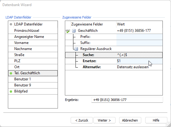 Beispiel Screenshot Datenbank Wizard - LDAP-Datenfelder - Zugewiesene Felder - Regulärer Ausdruck