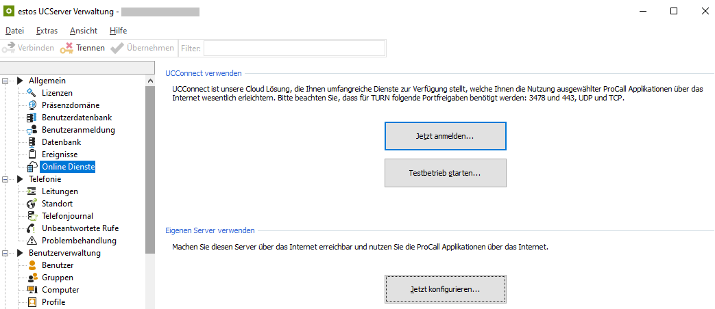Beispiel Screenshot UCServer Verwaltung - Online Dienste - Jetzt anmelden für UCConnect