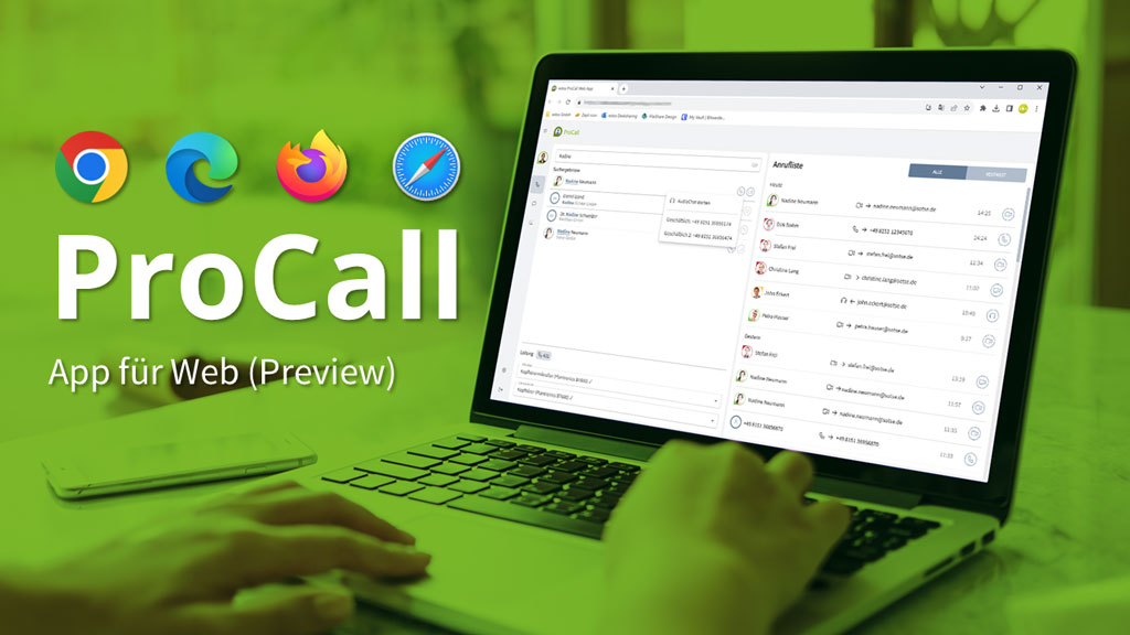 estos ProCall App für Web (Preview) - Bild zeigt einen Laptop mit der App Oberfläche und Symbole für Browser
